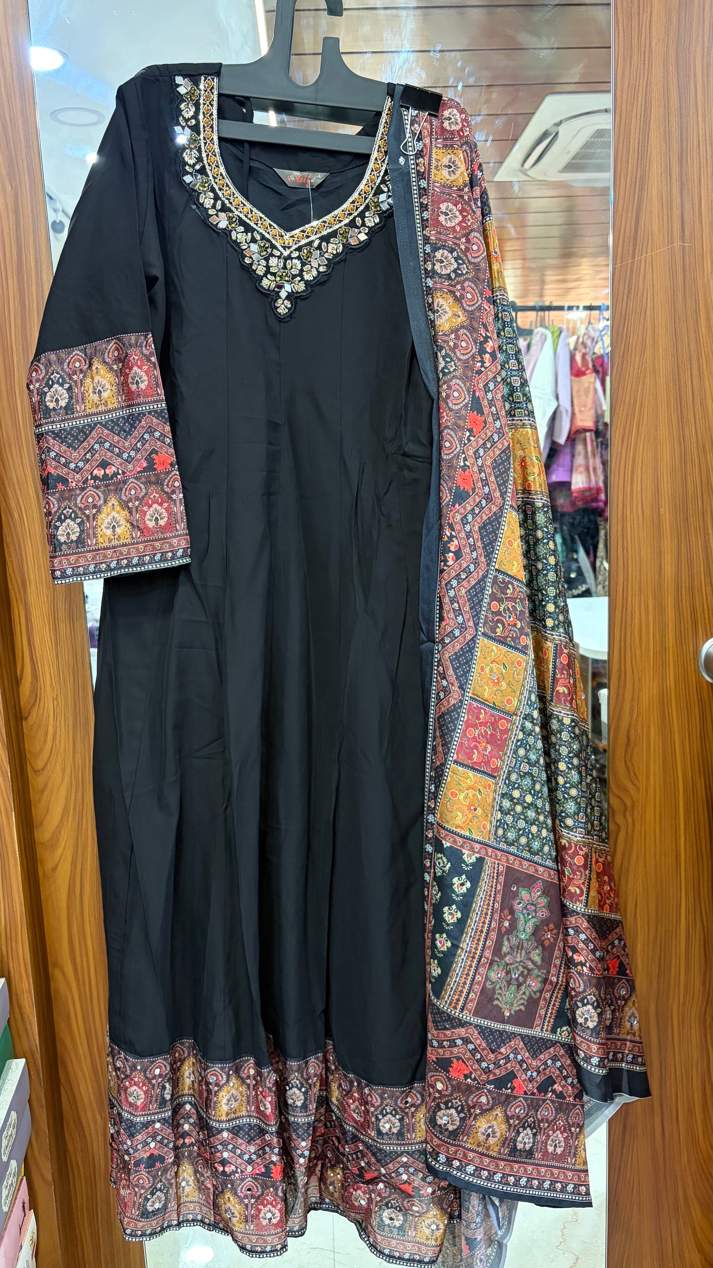 Black Roman Silk 2 piece. Top and Dupatta with mirror work