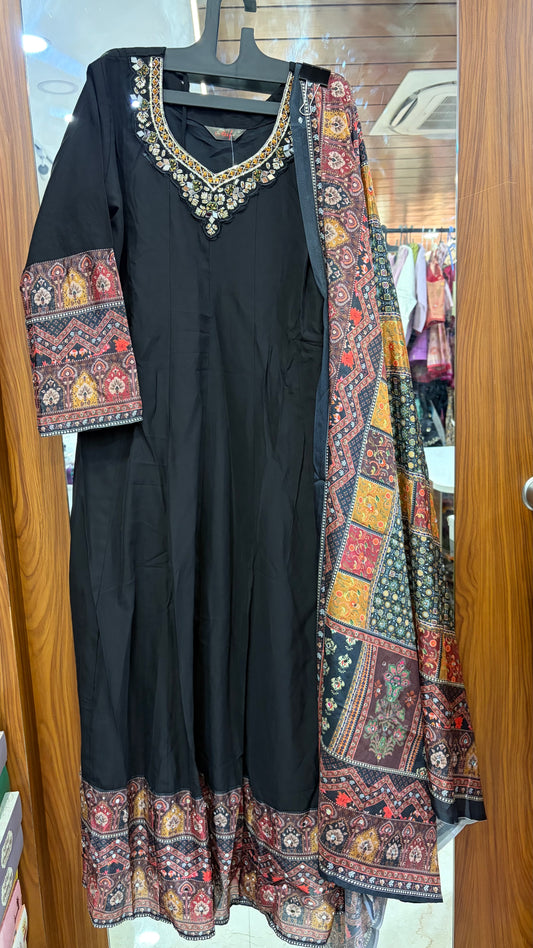 Black Roman Silk 2 piece. Top and Dupatta with mirror work