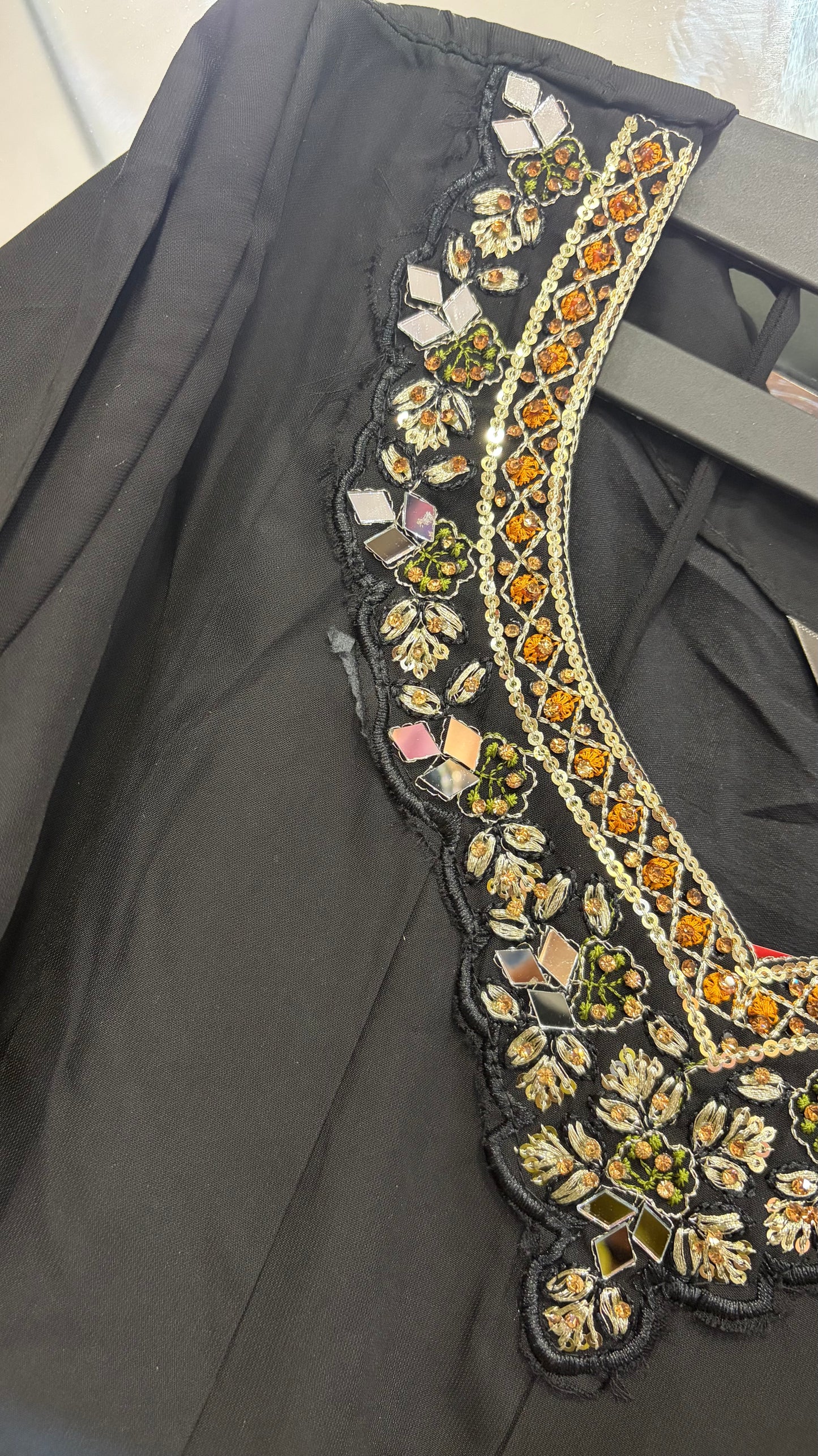 Black Roman Silk 2 piece. Top and Dupatta with mirror work