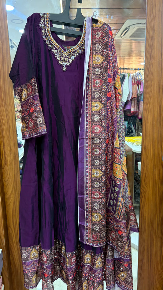 Purple Roman Silk 2 piece. Top and Dupatta with mirror work