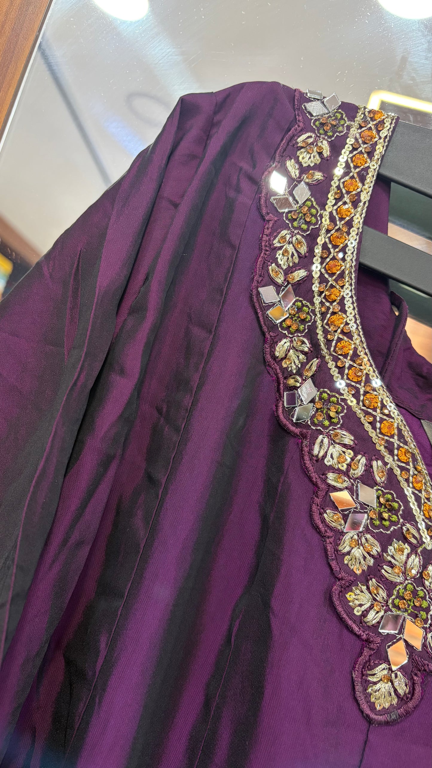 Purple Roman Silk 2 piece. Top and Dupatta with mirror work