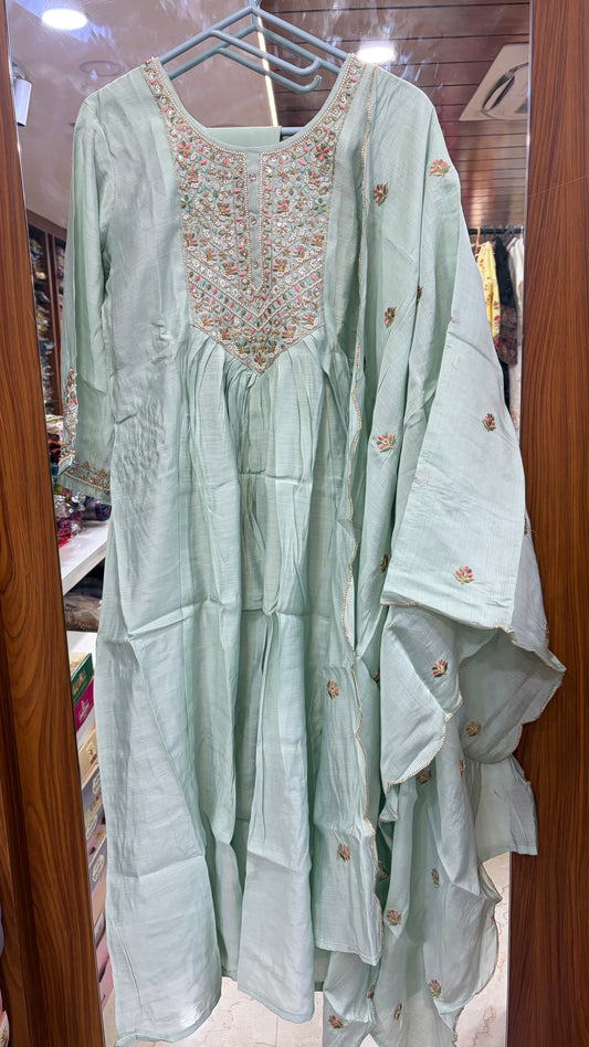 Sea Green Mul Chanderi Embroidery Kurti Set