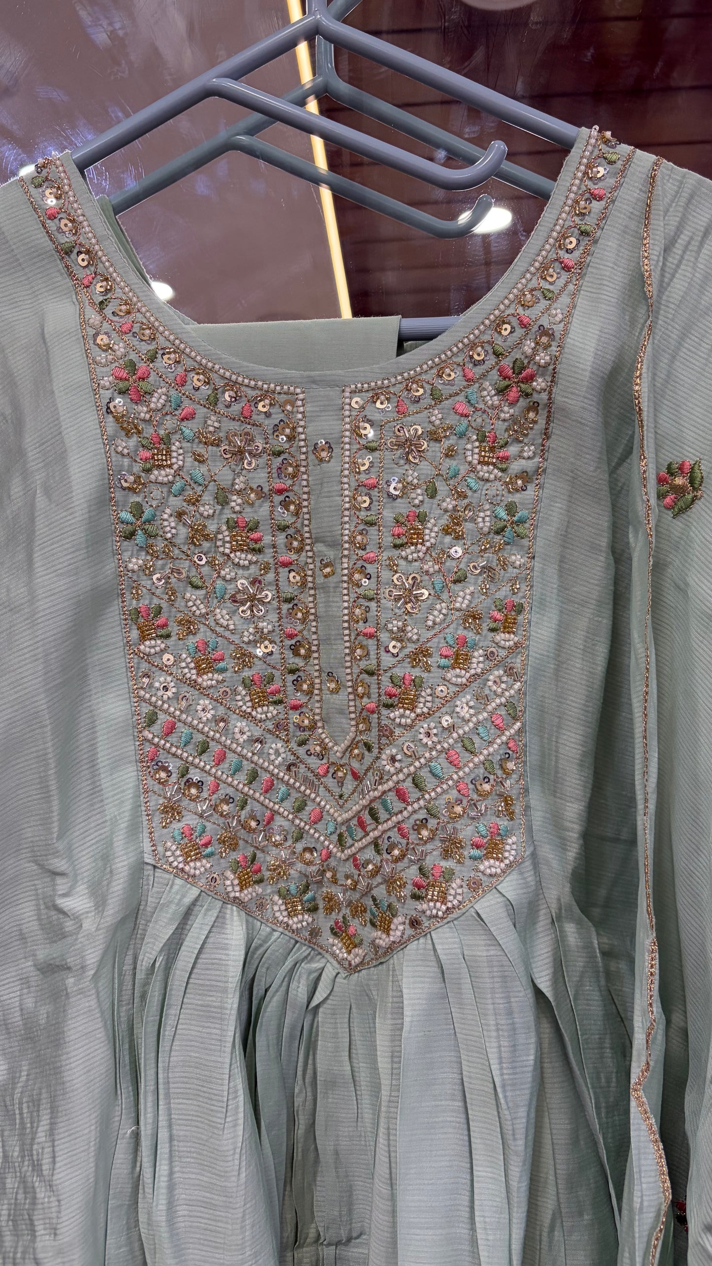 Sea Green Mul Chanderi Embroidery Kurti Set