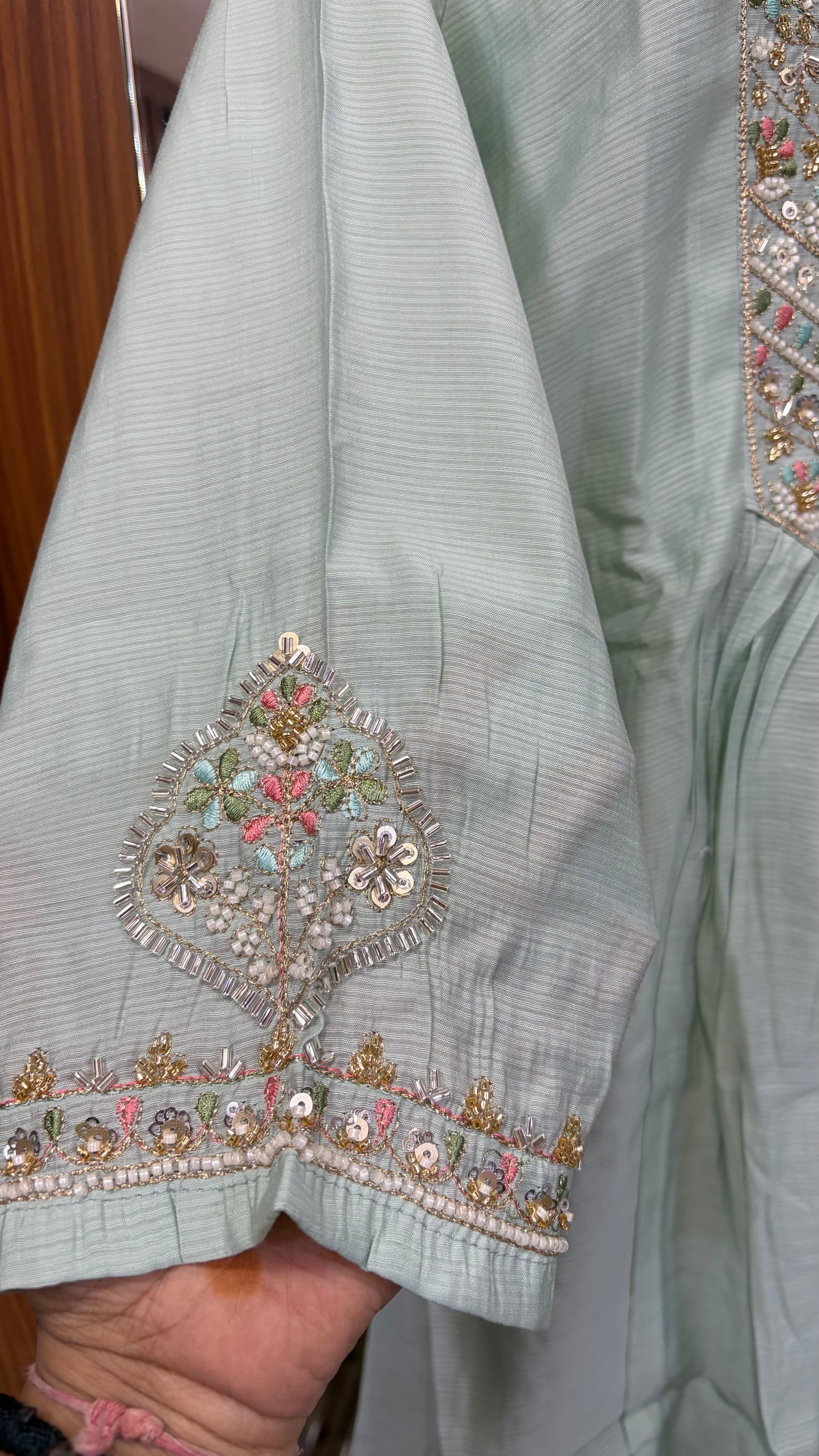 Sea Green Mul Chanderi Embroidery Kurti Set