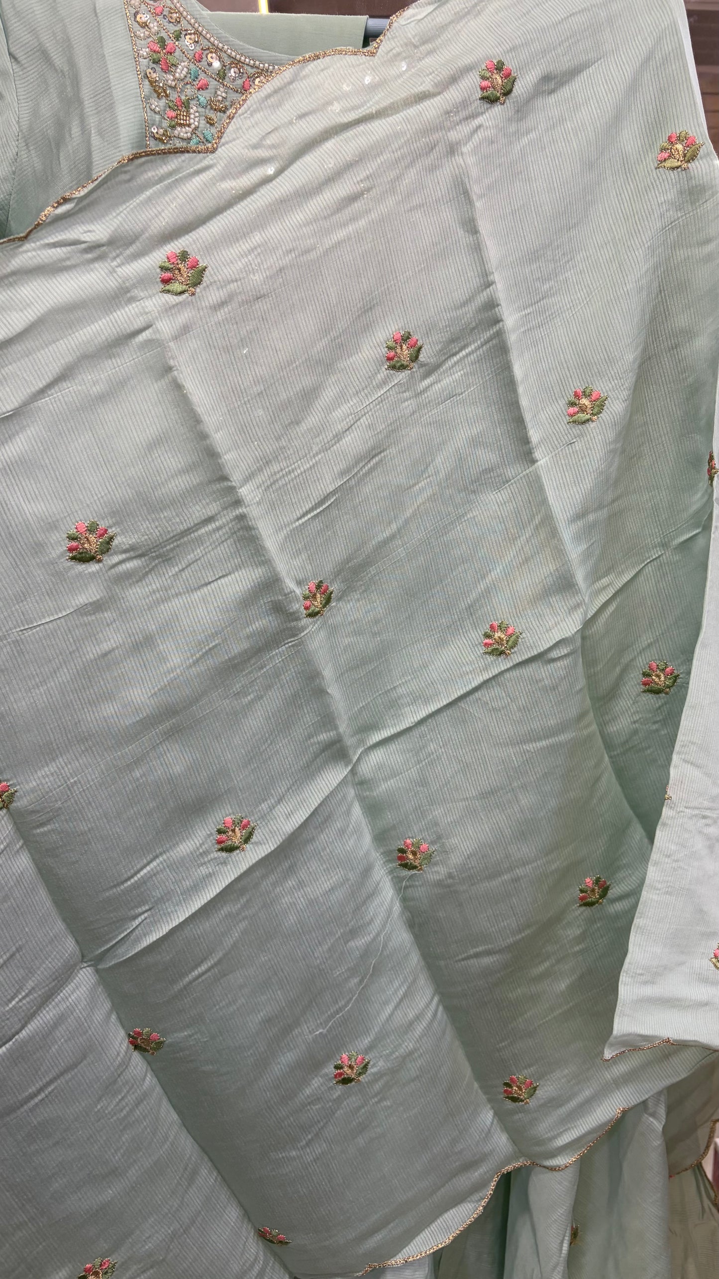 Sea Green Mul Chanderi Embroidery Kurti Set