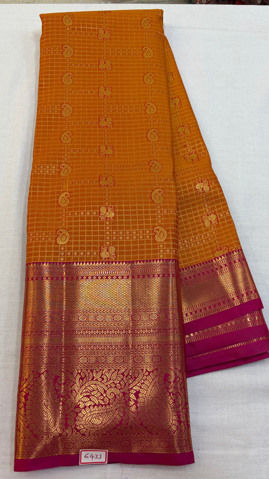 Semi Kanchi Pattu saree Yellow with Pink border