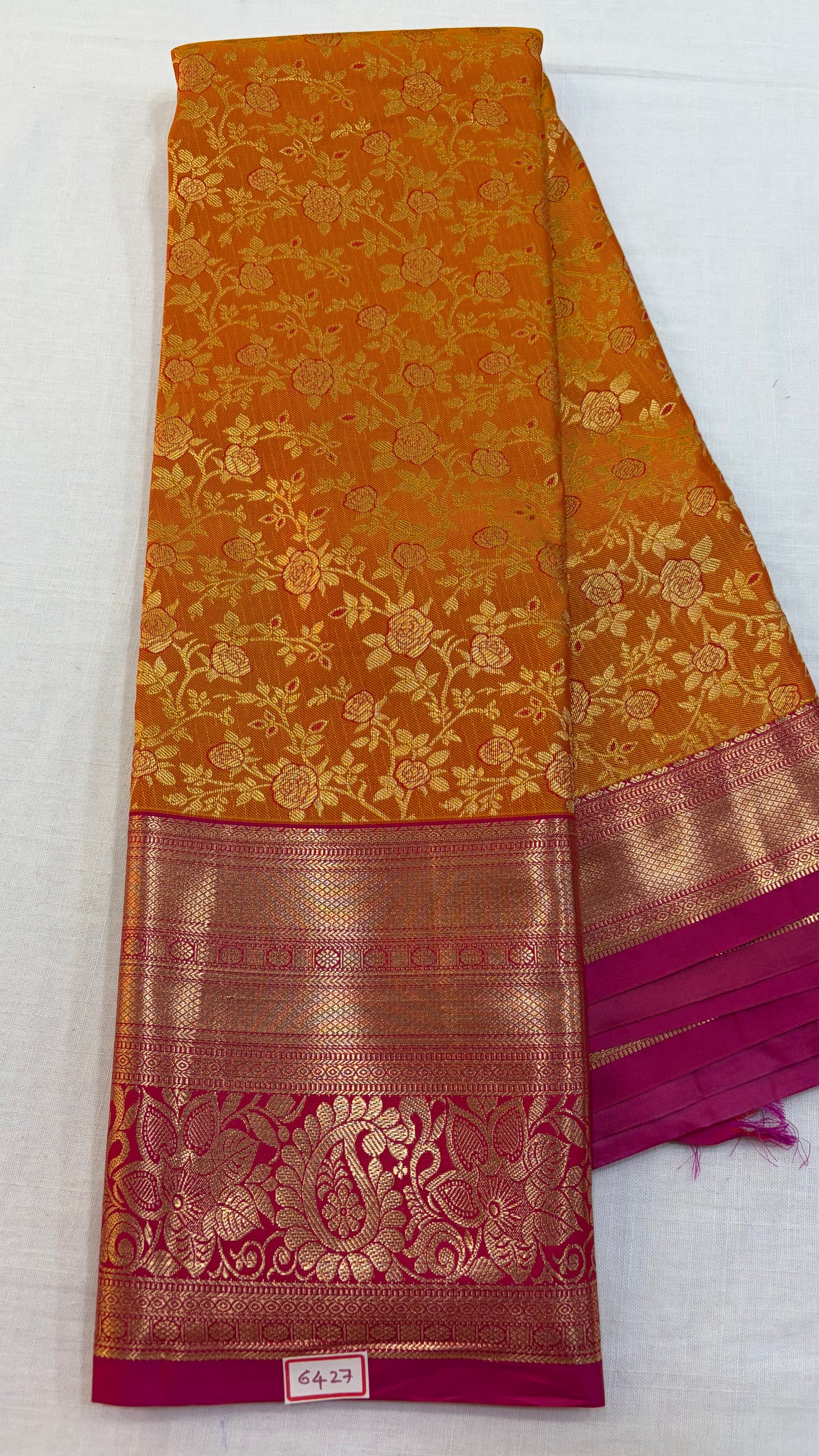 Semi Kanchi Pattu saree Yellow with Pink