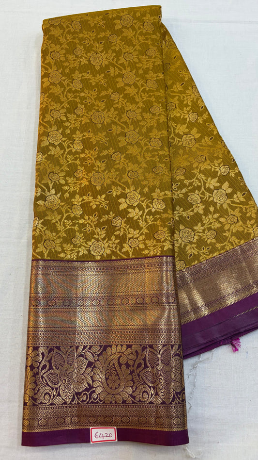 Semi Kanchi Pattu saree Mustard with Wine