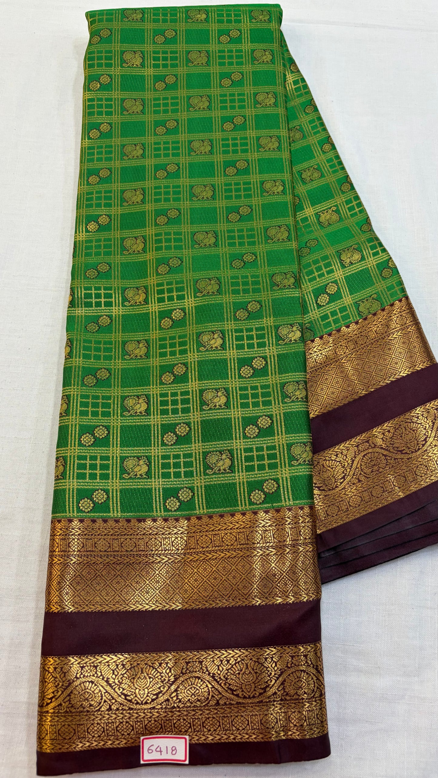 Semi Kanchi Pattu saree Green with Brown