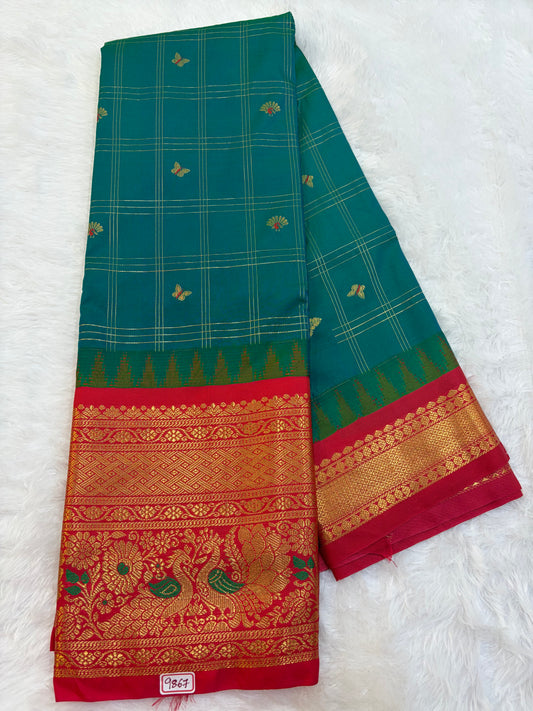 Semi Gadwal silk Vintage Checks with Meena Border Saree