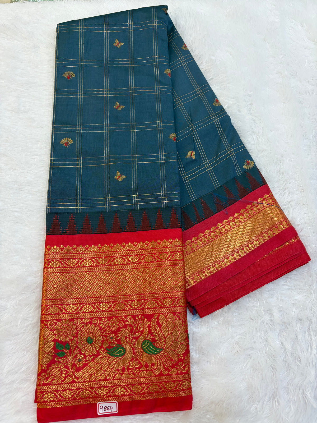 Semi Gadwal silk Vintage Checks with Meena Border Saree
