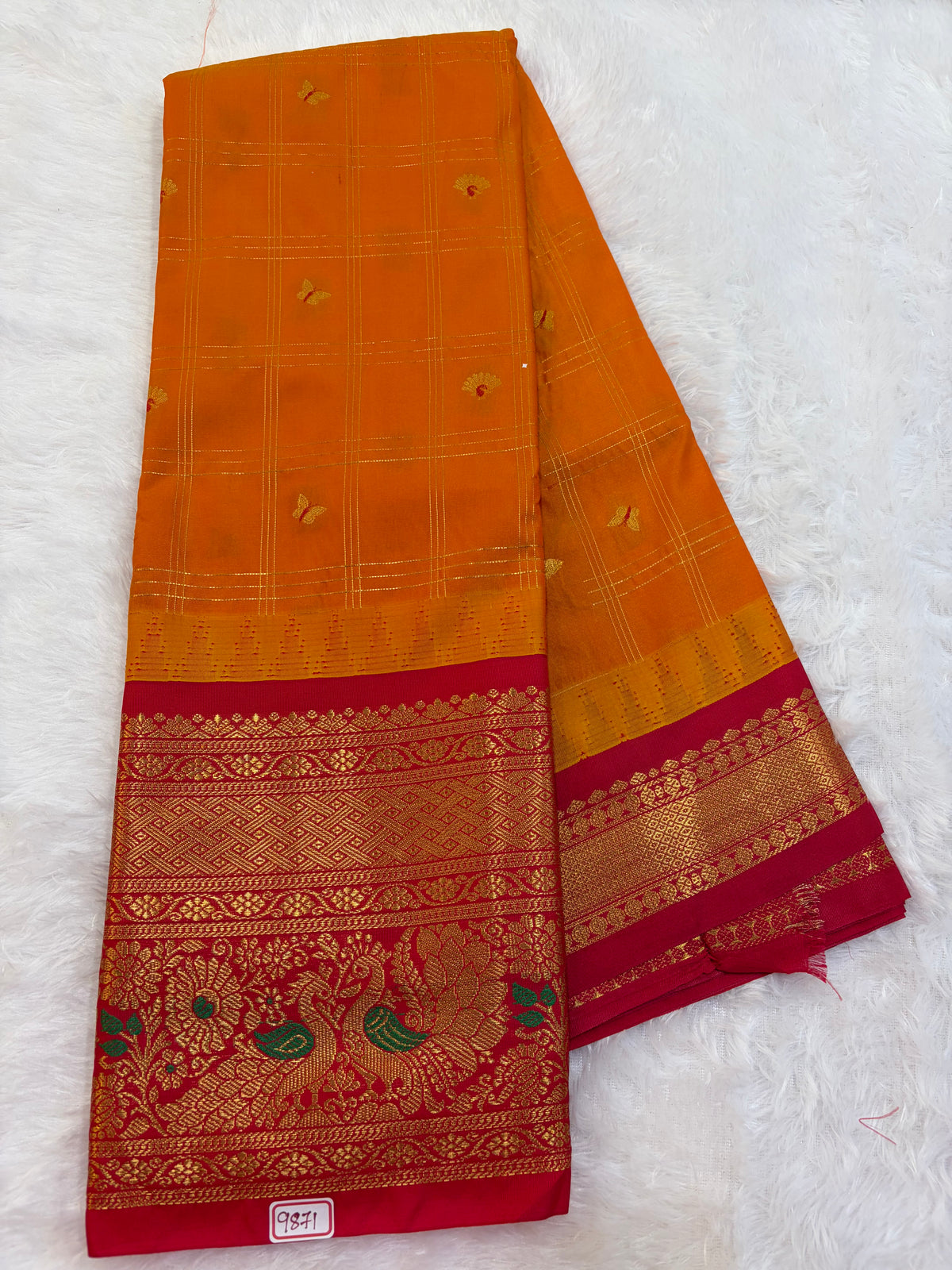 Semi Gadwal silk Vintage Checks with Meena Border Saree