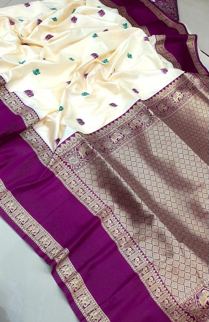 Fancy Soft Silk White with Purple Saree