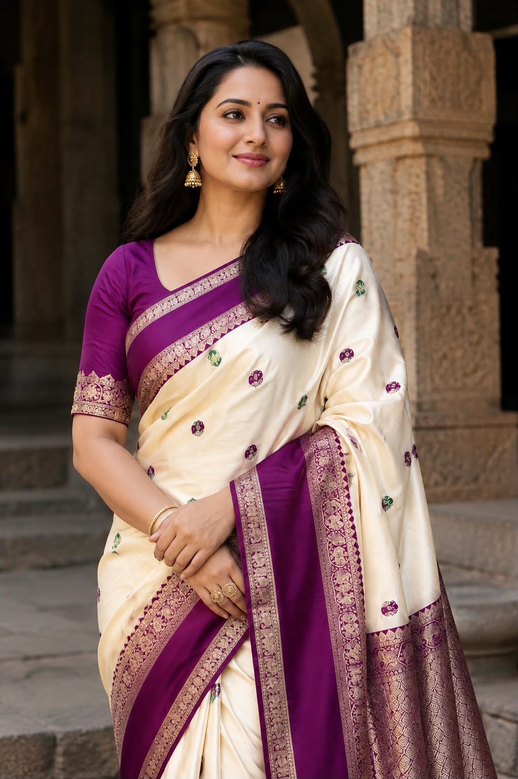 Fancy Soft Silk White with Purple Saree